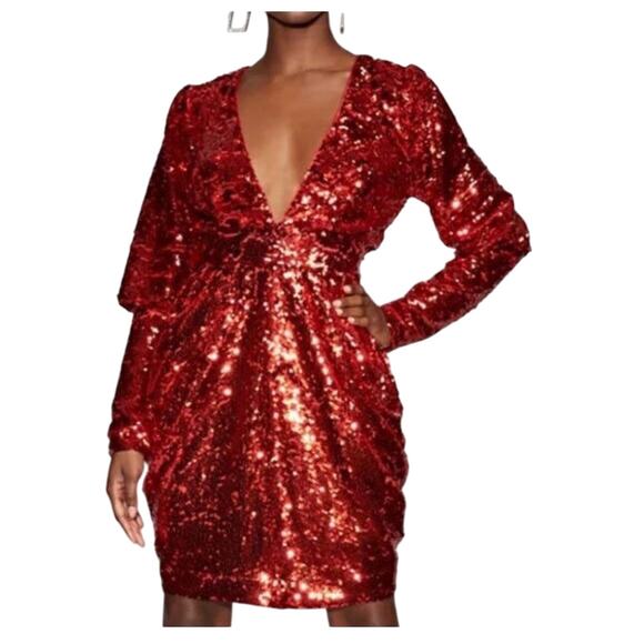 Gabrielle Union red sequins long sleeves deep v neck party dress size medium - Picture 1 of 16